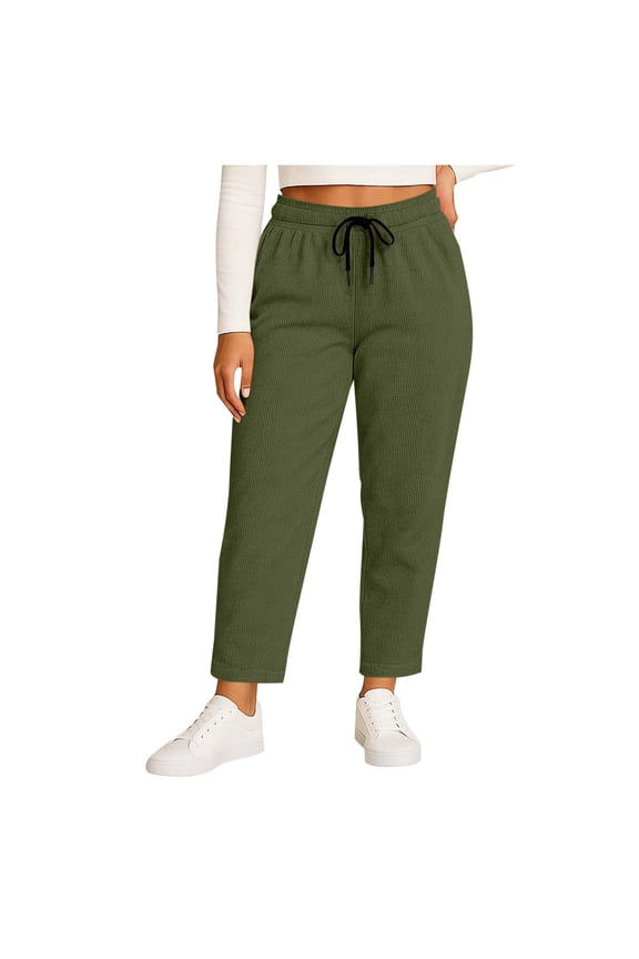 Womens Wide Leg Corduroy Pants Elastic Waisted Casual Sweatpants Adjustable Drawstring Trousers with Pockets Army Green