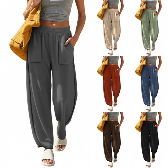 FRSASU Womens Wide Leg Pants Solid Color Casual Elastic Waist Loose Flowy Palazzo Pants Trousers with Pockets Red