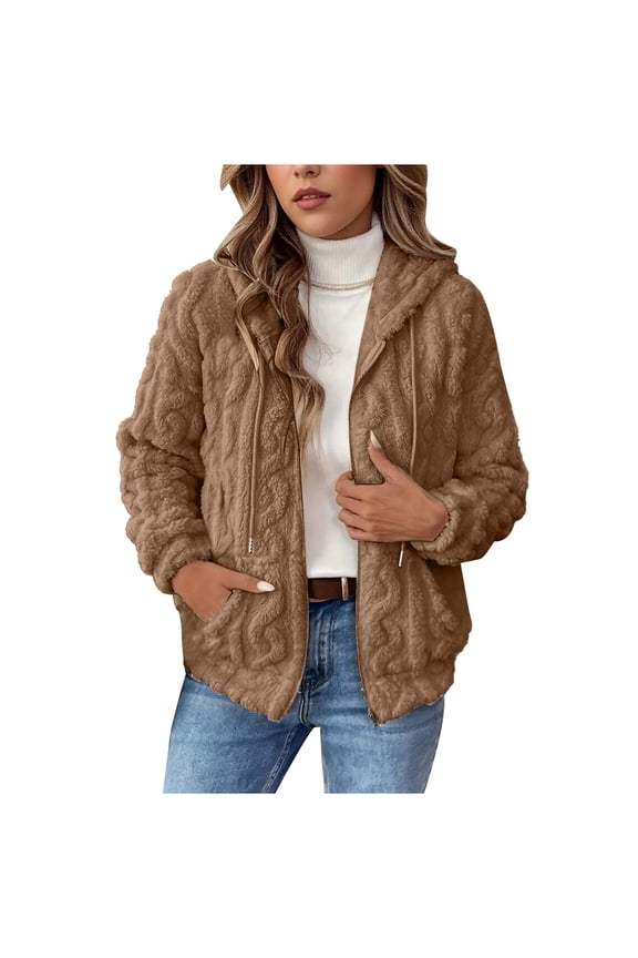 Womens Winter Fuzzy Fleece Jacket Hooded Solid Color Zipper Long Sleeve Cardigan Coats Khaki