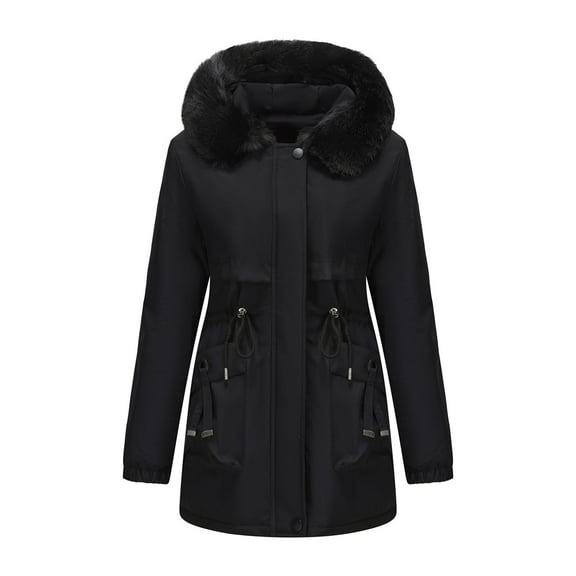 FRSASU Womens Winter Long Sleeve Coats Hoodie Jacket Fashion Solid Color Zipper Mid-Length Casual Outwear with Pockets Black