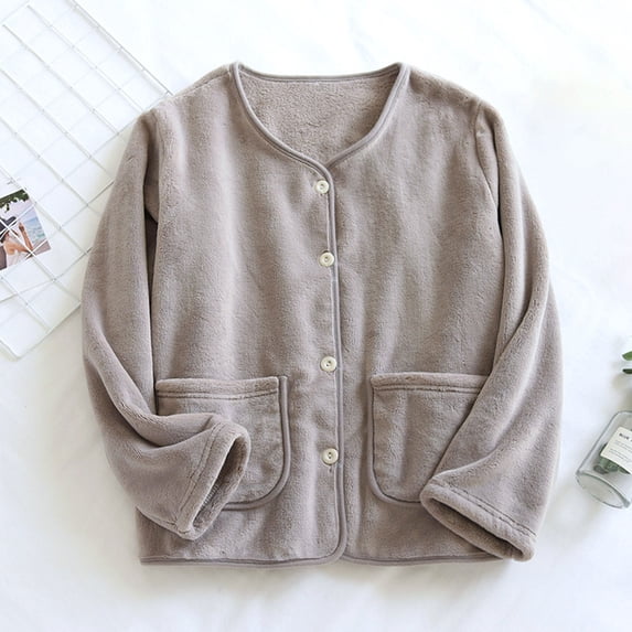 FRSASU Womens Winter Pajama Tops Solid Color Added Velvet Thick Warm Flannel Button Cardigan Long Sleeves Home Wear Coffee