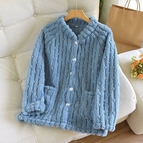 FRSASU Womens Winter Pajama Tops Solid Color Plus Plush Thick Warm Flannel Button Down Cardigan Long Sleeves Home Clothes Blue