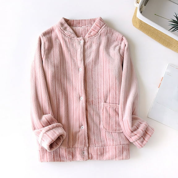 FRSASU Womens Winter Pajama Tops Solid Color Plus Plush Thick Warm Flannel Button Down Long Sleeves Home Clothes Pink
