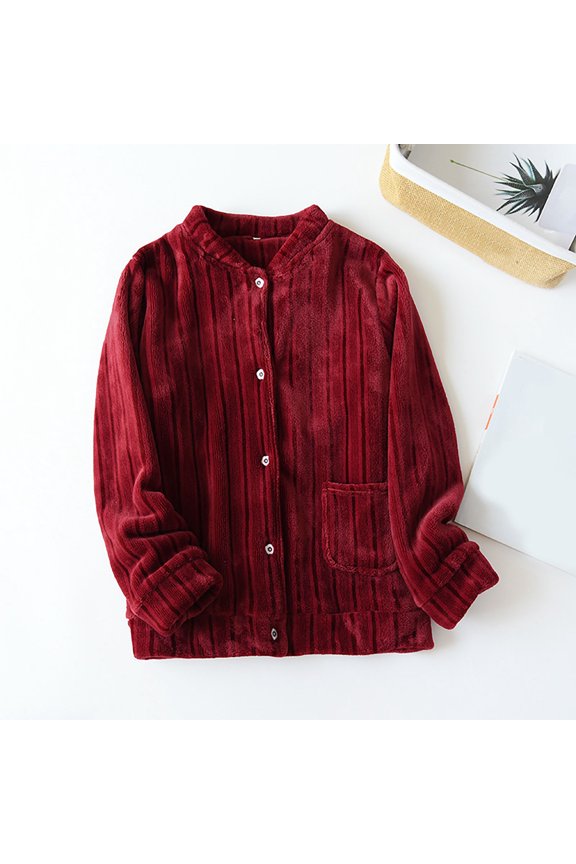 Womens Winter Pajama Tops Solid Color Plus Plush Thick Warm Flannel Button Down Long Sleeves Home Clothes Wine