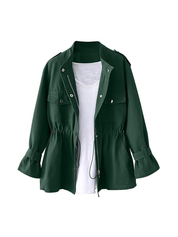Womens Zip Up Jacket Solid Color Long Sleeve Lightweight Casual Fashion Jackets with Pocket Green L(L)