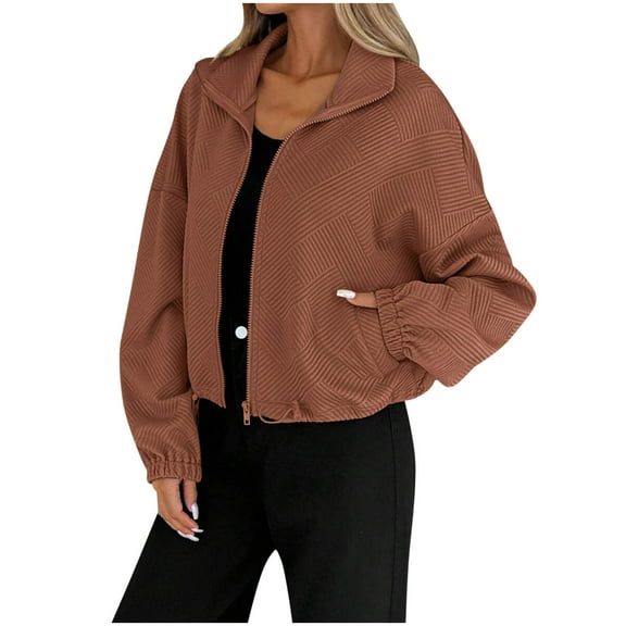 FRSASU Womens Zip up Jackets Sweatshirts Lapel Hem Drawstring Long Sleeve Solid Casual Loose Coat Outwear with Pockets Brown