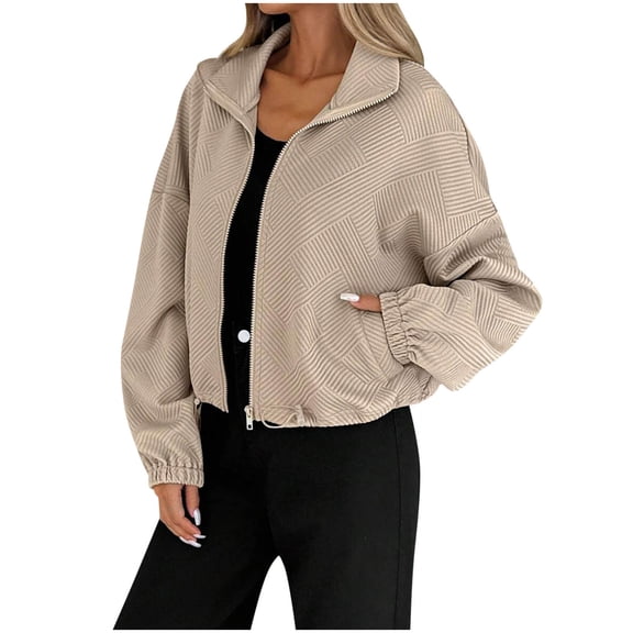 FRSASU Womens Zip up Jackets Sweatshirts Lapel Hem Drawstring Long Sleeve Solid Casual Loose Coat Outwear with Pockets Khaki