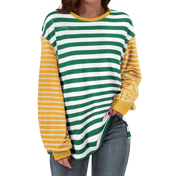 FRSASU Womens fashionable and comfortable Striped Long Sleeve Shirt round Neck Tops Loose Fit Tshirt Army Green