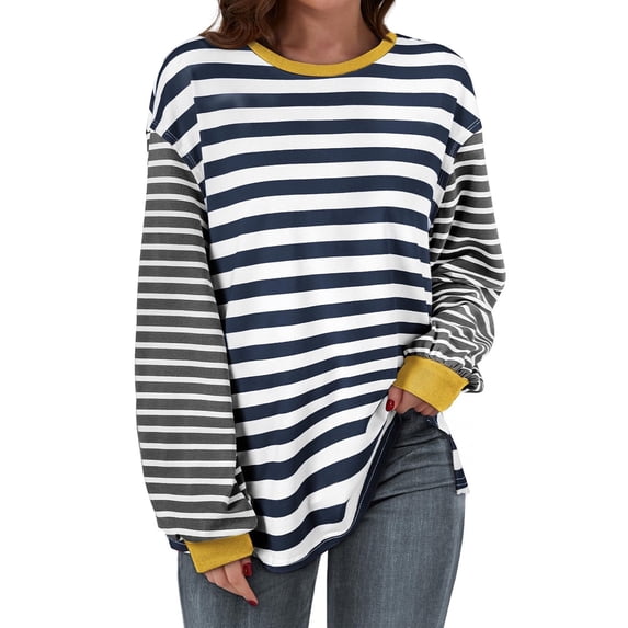 FRSASU Womens fashionable and comfortable Striped Long Sleeve Shirt round Neck Tops Loose Fit Tshirt Blue