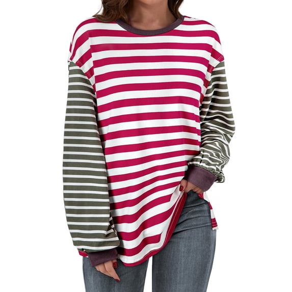 FRSASU Womens fashionable and comfortable Striped Long Sleeve Shirt round Neck Tops Loose Fit Tshirt Pink