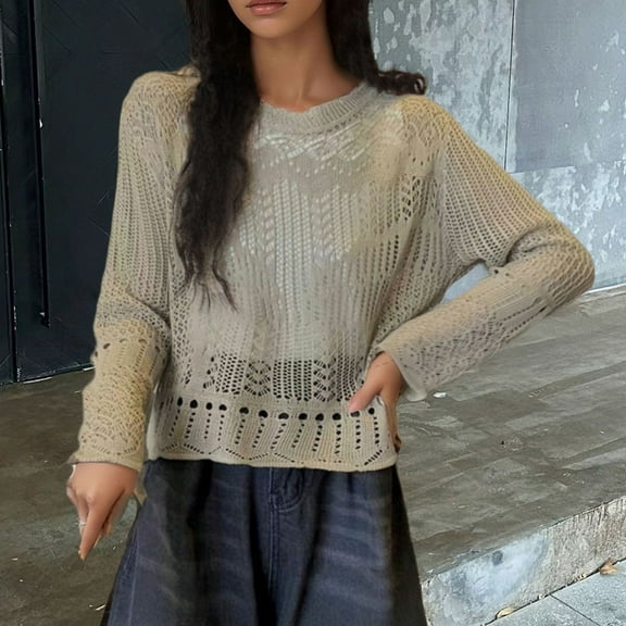 FRSASU Womens hollow out cover shirt Long Sleeve Fall Tops Blouses Dressy Spring Casual Hollow Out Tee Shirts Khaki