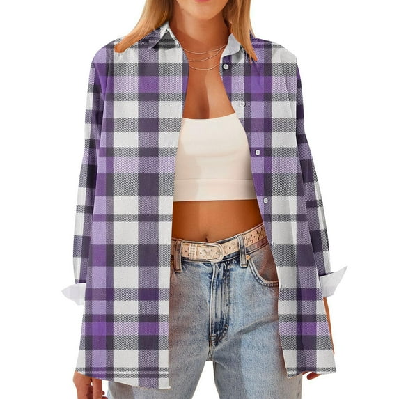 FRSASU Womens plaid printed single breasted Long Sleeve Tops round Neck Shirts Dressy Casual Work Blouses Purple