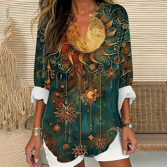 FRSASU Womens print Button Down Shirts Long Sleeve Dress Shirts Casual V Neck Collared Tops Work office Blouse Multicolor