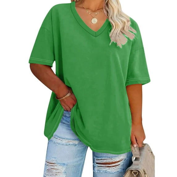 FRSASU Womens solid color Oversized T Shirts Loose Fit V Neck Short Sleeve Summer Casual Blouse Tee Tops Green