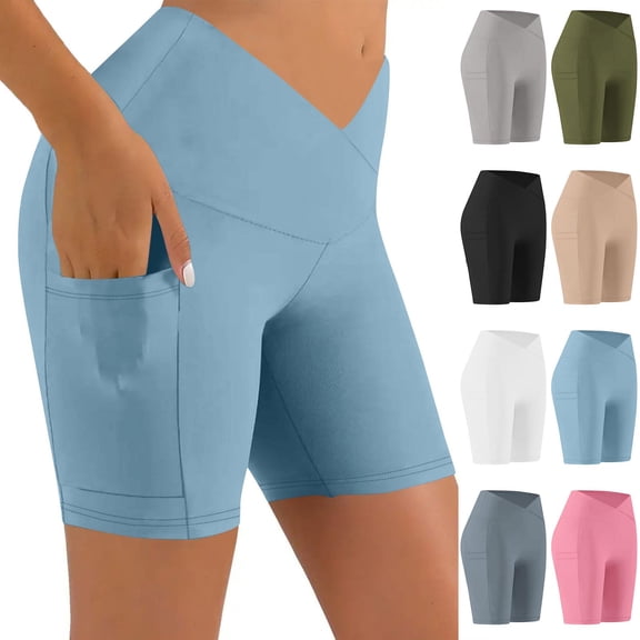 FRSASU Workout Solid Shorts for Women Pack Cross Waist Active Gym Stretchy Yoga Compression with Side Pockets White XL(XL)