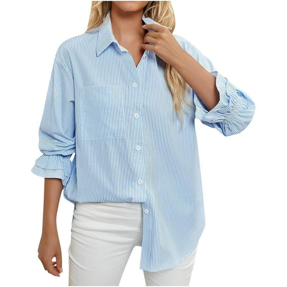 FRSASU Wrinkle-Resistant Womens Vertical Striped Button Down Shirts Long Sleeve Dress Shirt office Work Blouse Blue S(S)