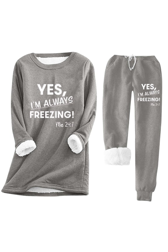 Yes I'm Still Freezing Me Womens Fall Winter Pajama Sets 2 Piece Loungewear Fuzzy Fleece Lined Sweatshirt Suit Gray