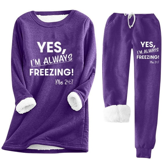 FRSASU Yes I'm Still Freezing Me Womens Fall Winter Pajama Sets 2 Piece Loungewear Fuzzy Fleece Lined Sweatshirt Suit Purple