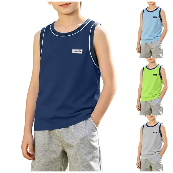 FRSASU Youth Kids Casual Tank Tops Boys Sleeveless Mesh Undershirts Summer Gym Workout Basic Tees Shirts Navy