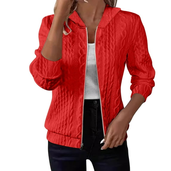 FRSASU Zip up Cardigan Sweatshirts for Women Long Sleeve Lightweight Solid Color Loose Casual Hoodies Fashion Jackets Red
