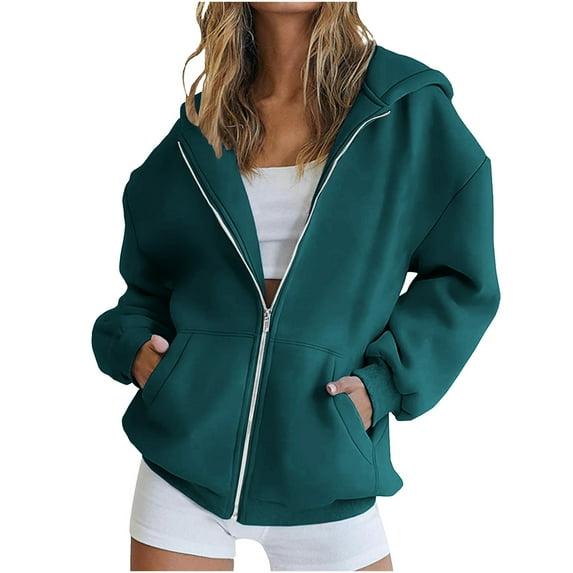 FRSASU Zipper Hoodie for Women Solid Color Casual Long Sleeve Hooded Sweatshirt Workout Jacket with Pockets Blue