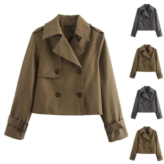 FRSASU casual and comfortable Cropped Trench Coat for Women Long Sleeve Double Breasted Notched Lapel Casual Loose Fit Jackets Gray