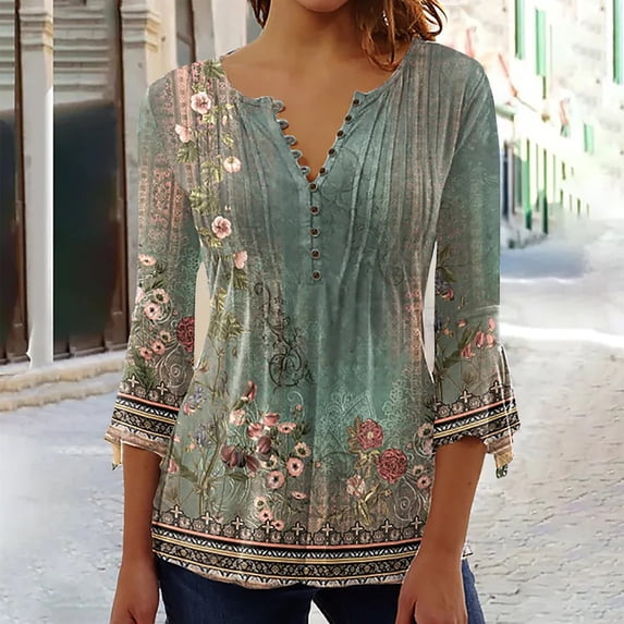 FRSASU fashionable and comfortable 3/4 Sleeve Tops for Women Fashion Floral Print Tshirts Fall Casual Loose V Neck Blouses Army Green