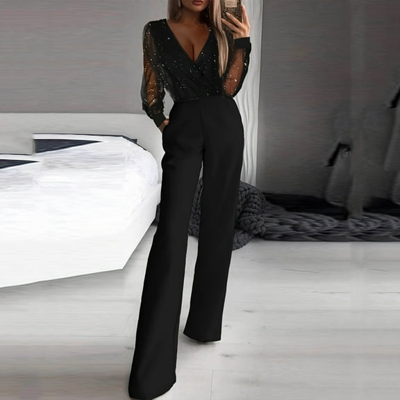 FRSASU formal Jumpsuit for Women V-neck Sequin Mesh Splicing Dressy Elegant Long Straight Pants Jumpsuits for Party Club