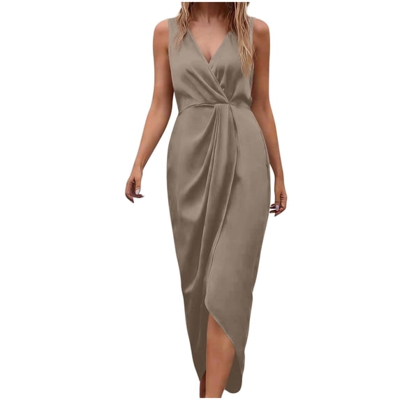 FRSASU formal Wedding Guest Ruffle Dresses for Women Cocktail V-Neck Sleeveless Wrap Ruched Party Graduation Dress Khaki