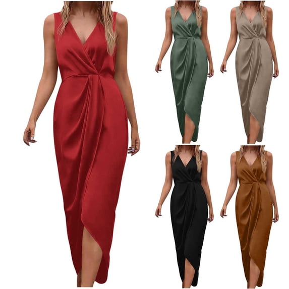 FRSASU formal Wedding Guest Ruffle Dresses for Women Cocktail V-Neck Sleeveless Wrap Ruched Party Graduation Dress Red