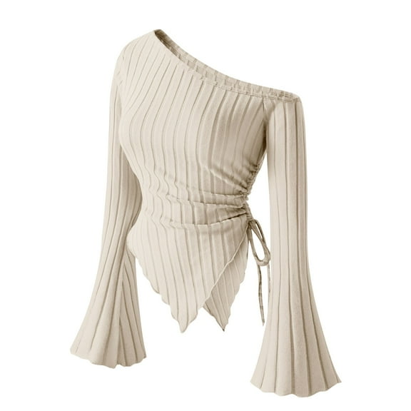 FRSASU off Shoulder Tops for Women Long Sleeve V Neck Brushed Solid Color Shirts Trendy Fashion Loose Fit Blouses Beige S(S)