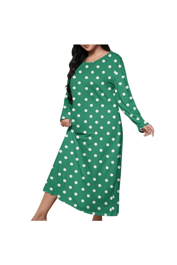 owns for Women Long Sleeves Polka Dot Printing Nightgown Soft Sleepwear Sleepshirt Long Nightgown Army Green L(L)