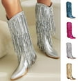 thumbnail image 1 of FRSASU women's thick-heeled western pointed booties tassels & sequins decorated fashionable boots mid heel mid top boots Silver, 1 of 7