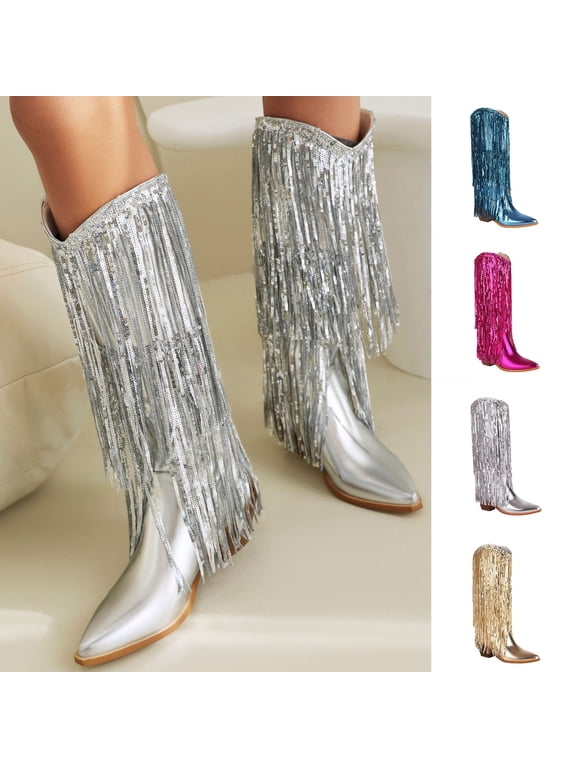 women's thick-heeled western pointed booties tassels & sequins decorated fashionable boots mid heel mid top boots Silver