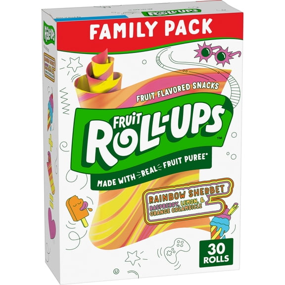 Fruit Roll-Ups Fruit Flavored Snacks, Rainbow Sherbet, Family Pack, 30 Ct, 15 oz