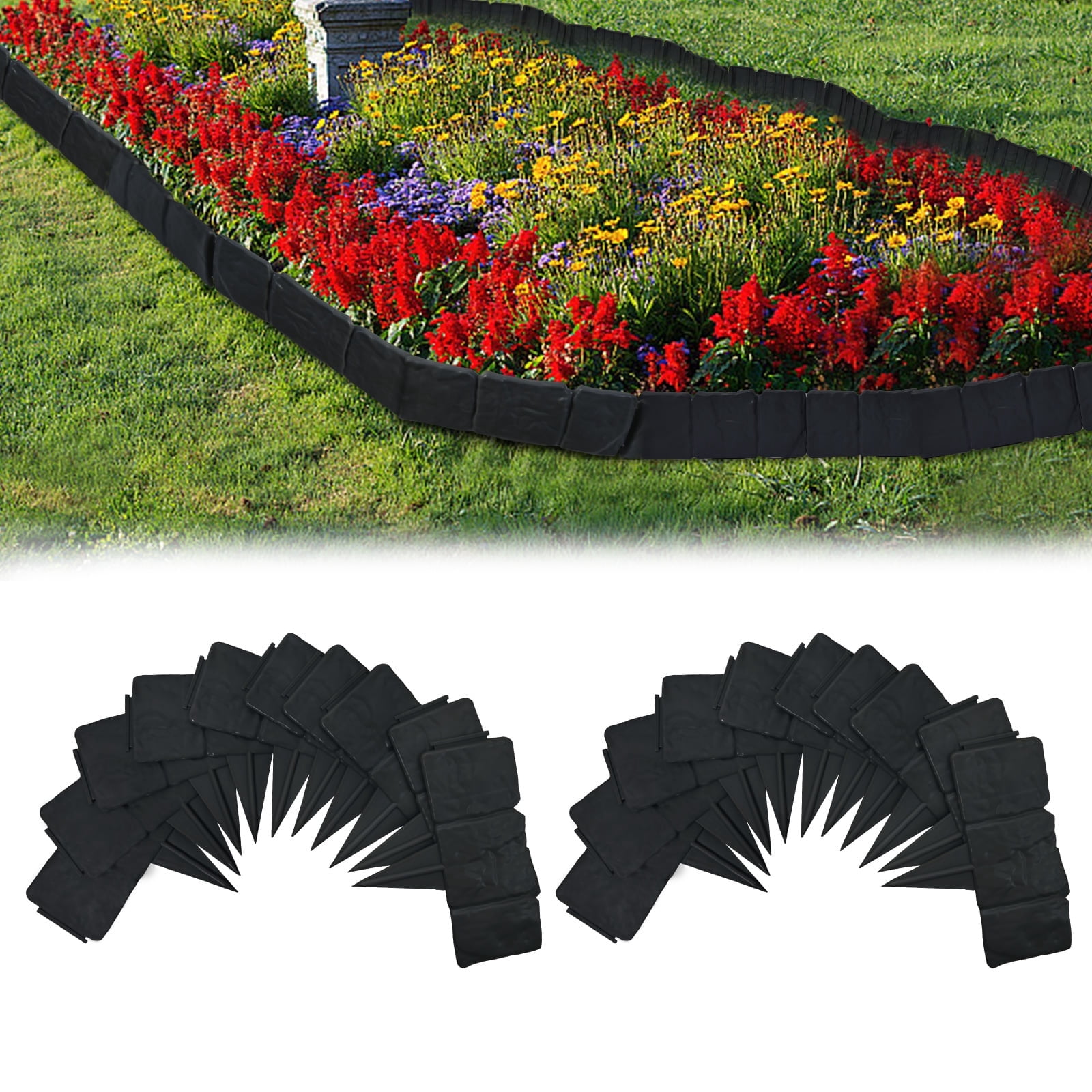 FRTDNE 20Pcs Garden Edging Border Landscape Edging Border,16ft Plastic Garden Edging Stone Look Border for DIY Outdoor Yard Landscaping Flower Bed and Grass,Black