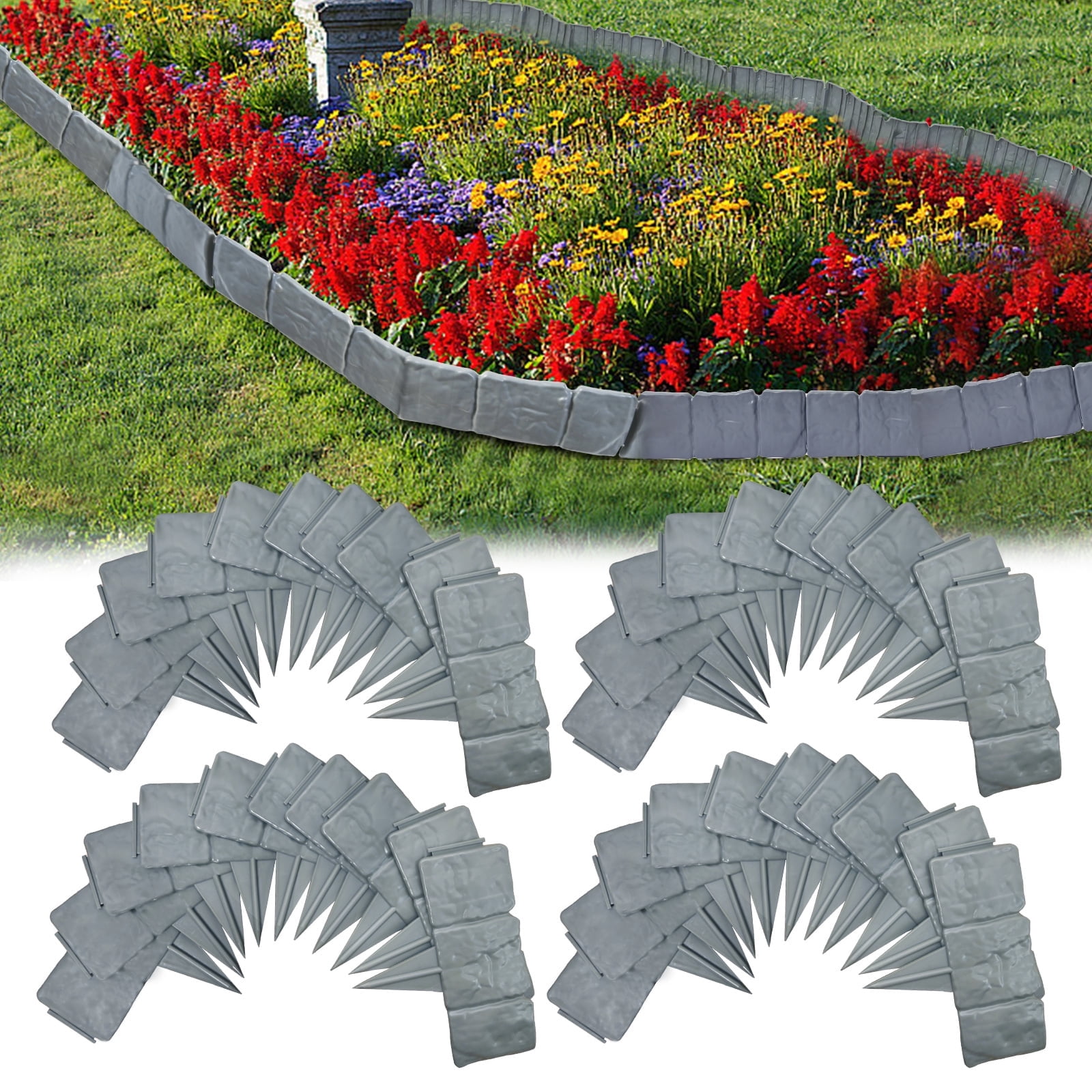 FRTDNE 40Pcs Garden Edging Border Landscape Edging Border,32ft Plastic Garden Edging Stone Look Border for DIY Outdoor Yard Landscaping Flower Bed and Grass,Gray