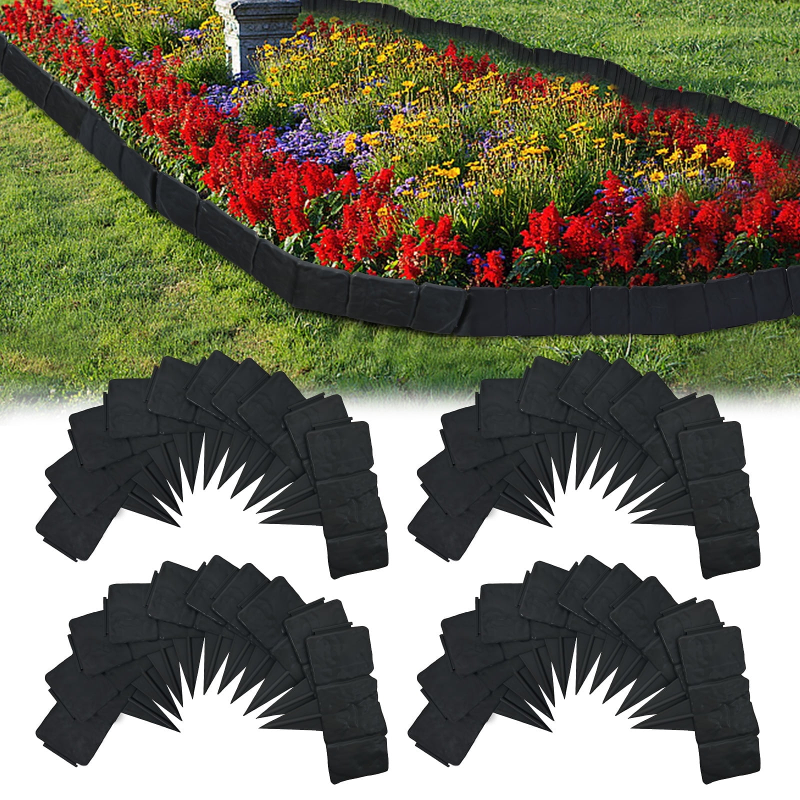 FRTDNE 40Pcs Garden Edging Border Landscape Edging Border,32ft Plastic Garden Edging Stone Look Border for DIY Outdoor Yard Landscaping Flower Bed and Grass,Black