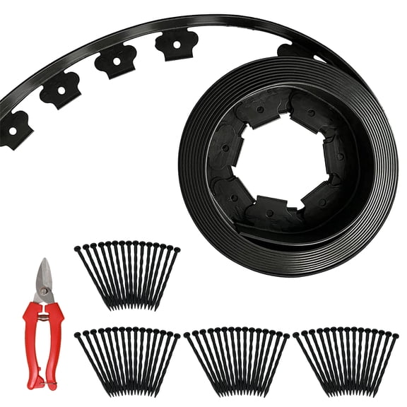 FRTDNE 60FT Landscape Edging No Dig,Include 1Pcs Scissor,60 Spikes,60 ft Lawn Edging for Landscaping, Flower Gardens, Lawn,Black