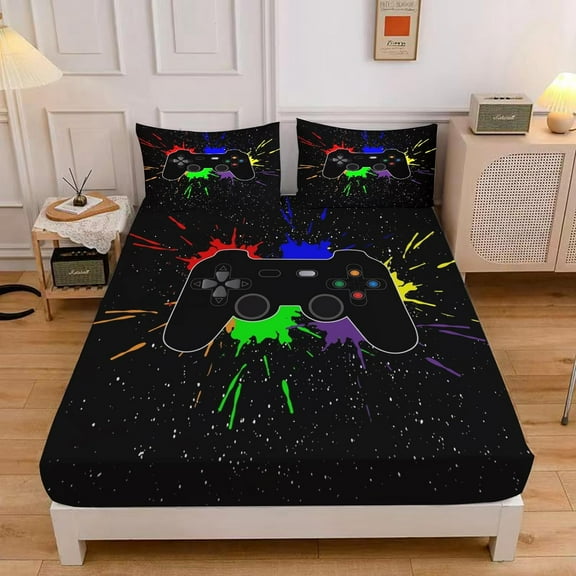 FRTDNE Teens Gamepad Fitted Sheet Gaming Gamer Bedding Sets for Boys,Video Games Bed Sheet Sets for Teen Child Game Room Decor(Black, Queen)