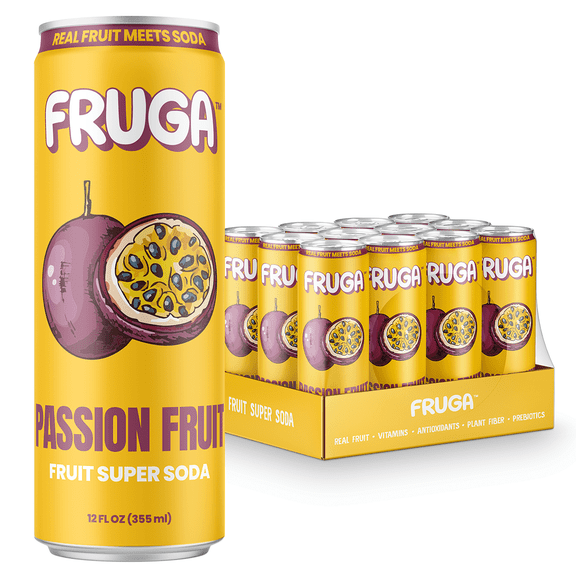 FRUGA Passion Fruit Sparkling Fruit Super Soda | Prebiotic Soda, Low Calorie, Healthy Soda Benefits and Vitamin Boost