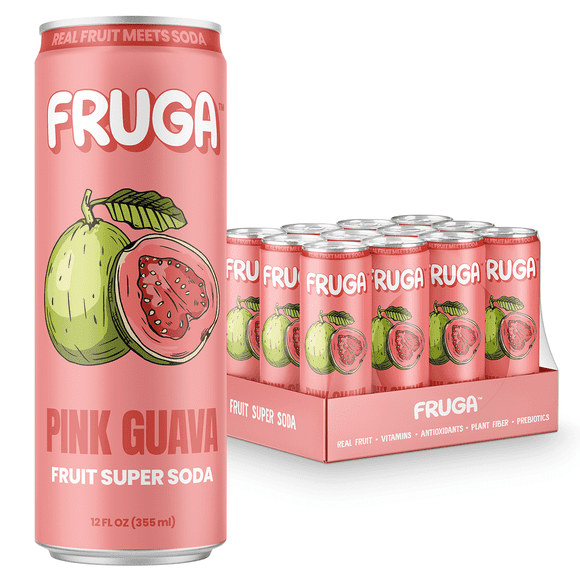 FRUGA Pink Guava Sparkling Fruit Super Soda | Prebiotic Soda, Low Calorie, Healthy Soda Benefits and Vitamin Boost