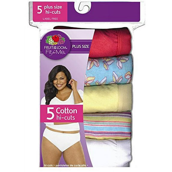 FRUIT OF THE LOOM WOMENS HI-CUT COTTON PANTY PLUS-SIZE 5 PK FIT FOR ME, ASSORTED DESIGNS (11, Flower)