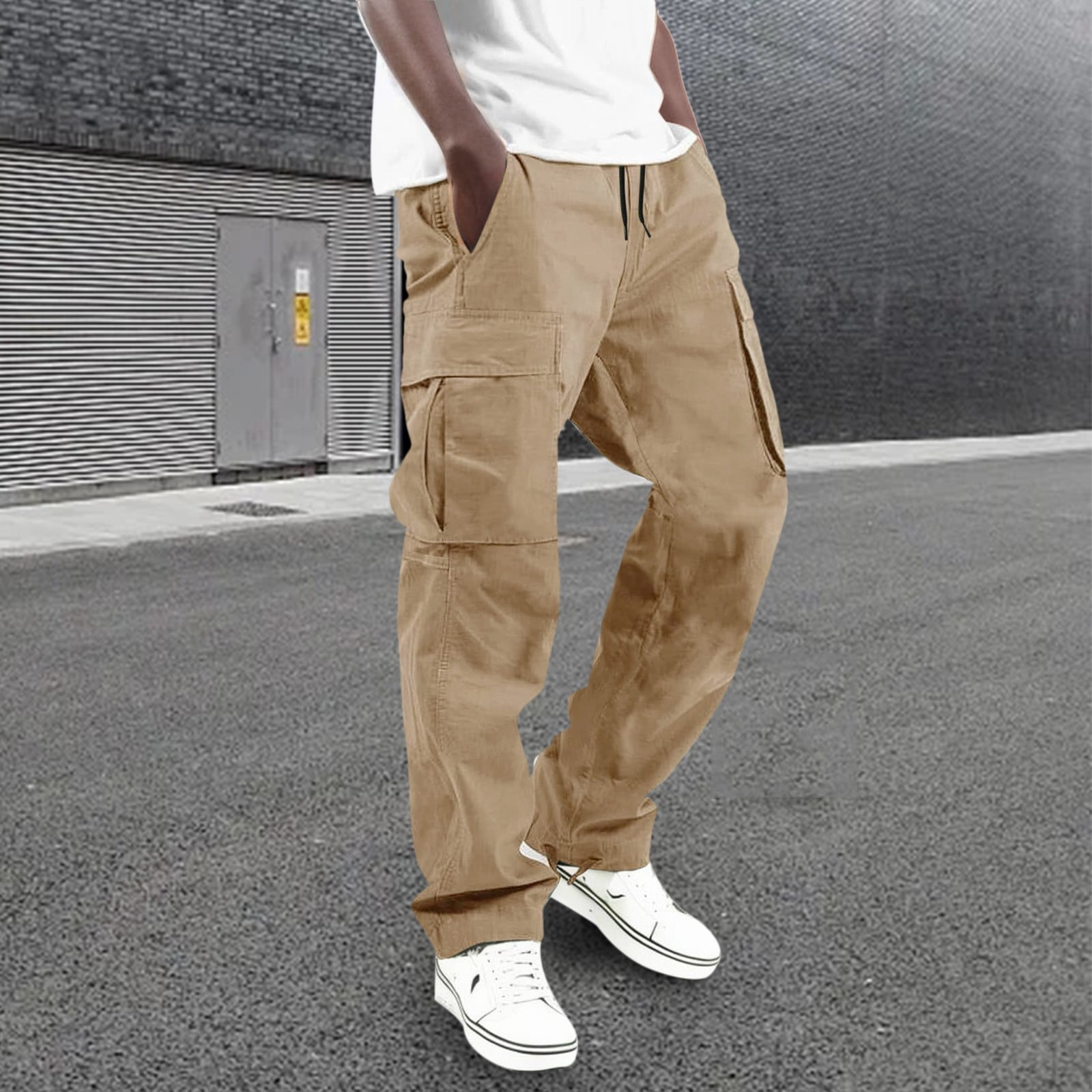 Pocket Wide Leg Solid Long Trousers, Men's Street Slight Stretch Loose Weekend Casual Large Trendy Cargo Pants