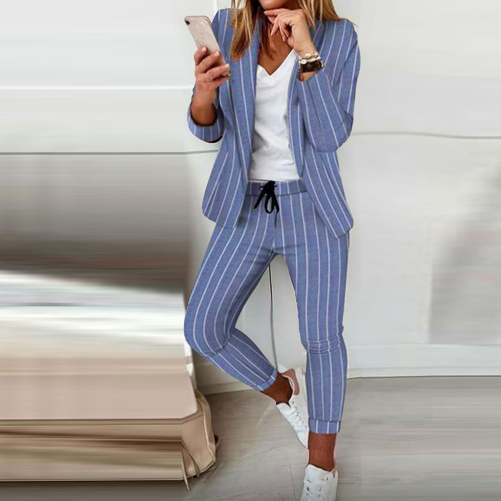 New Work Fashion Pant Suits 2 Piece Set For Women Striped Blazer Jacket  Trouser Office Business Suit Lady Suit Feminin size 5xl Color Pink
