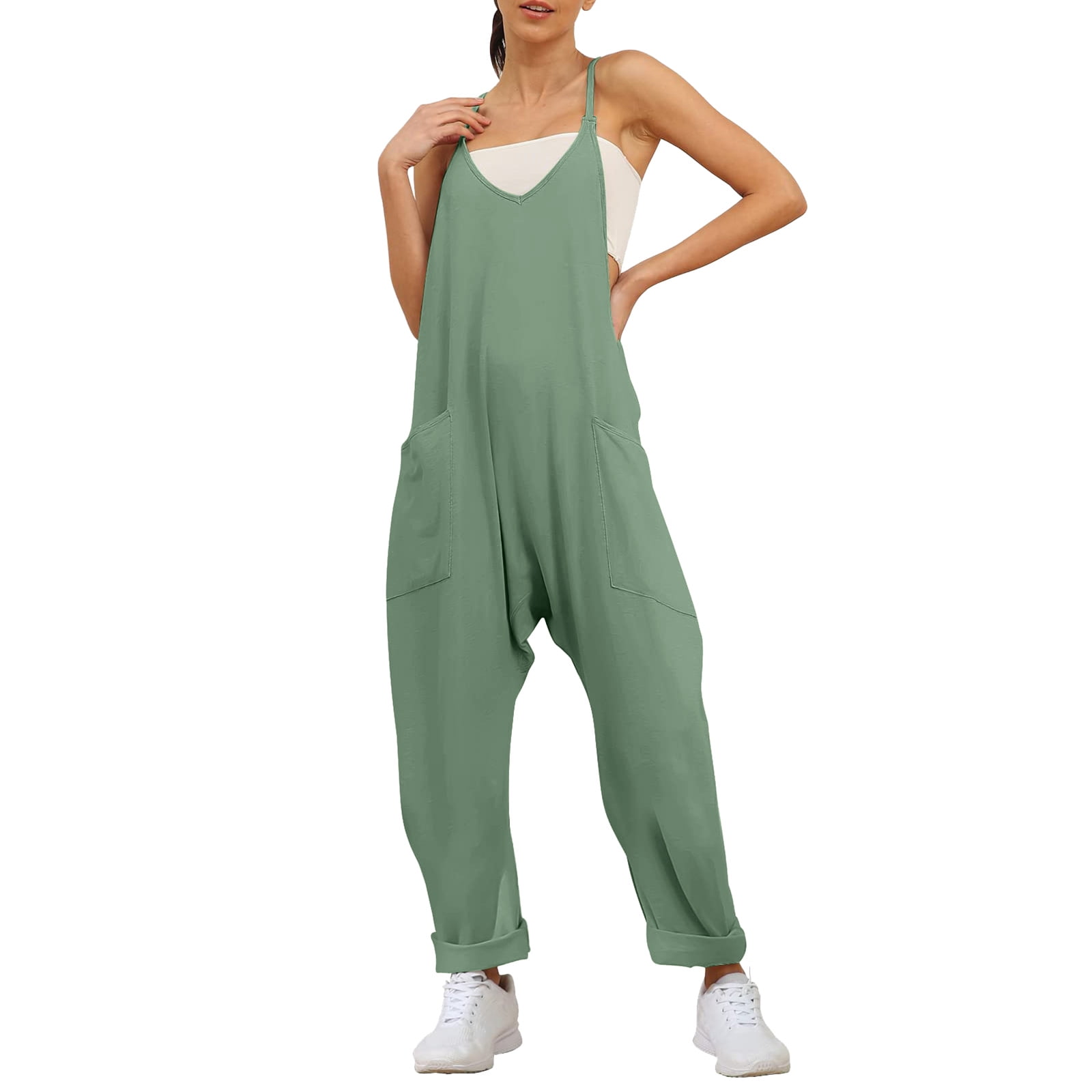 FRXSWW Ladies Cute Loose Jumpsuit Wide Leg Pants Bottons Sleeveless Boho Casual  Summer Jumpsuits With Pocket Green L 