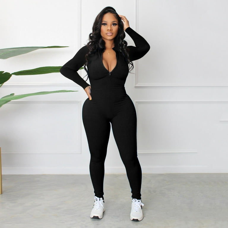 FRXSWW Women's Bodysuit Deep V Neck Slim Fit Tight Jumpsuit With Zip Long  Sleeve Jumpsuit Black M