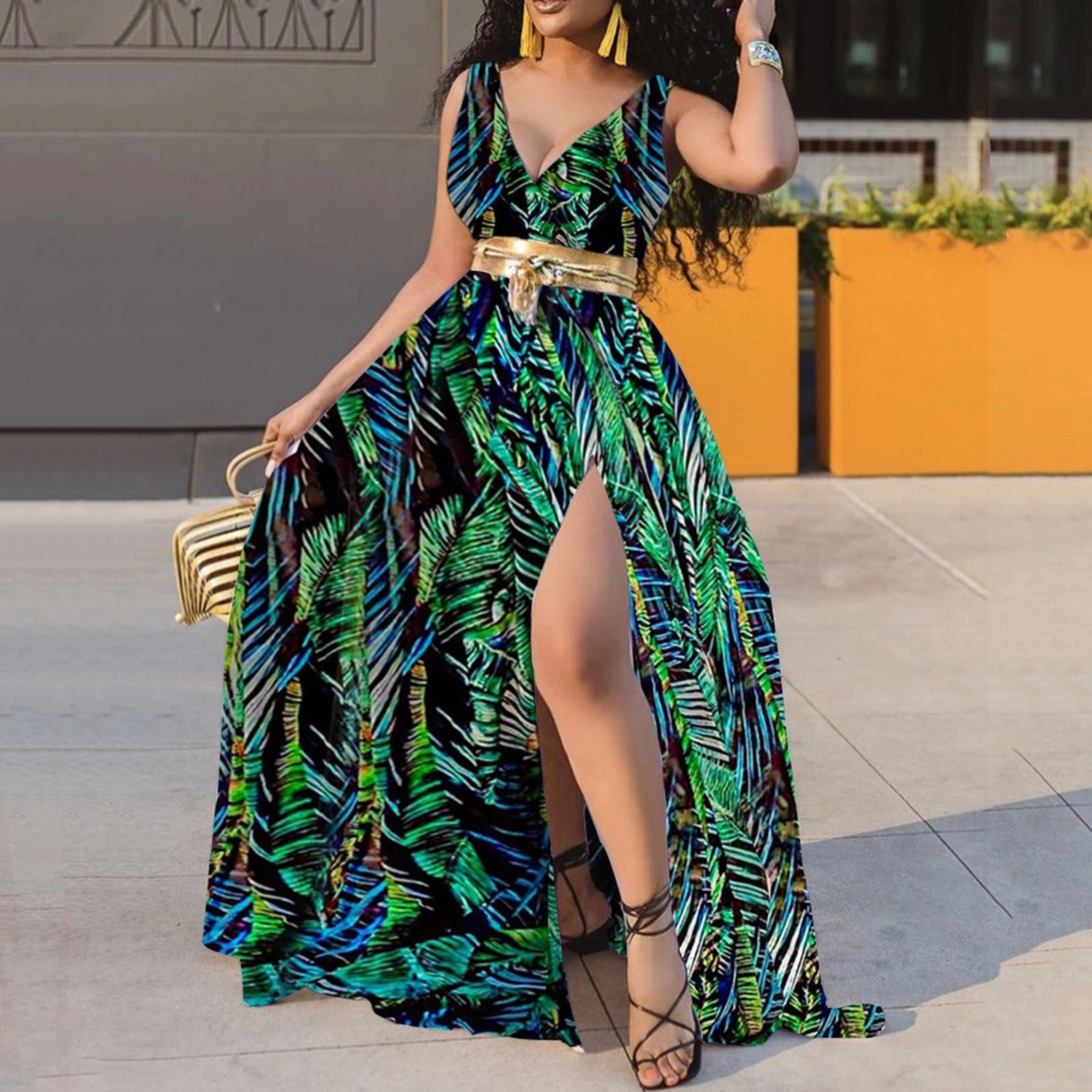 FRXSWW Women s Plus Size Summer Dress Flower Print Deep V Neck Long Length Dresses Sleveeless Dress Loose Maxi Beach Dresses Walmart