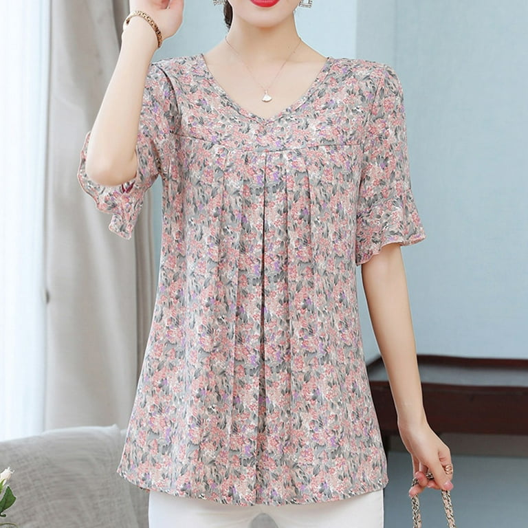 FRXSWW Women's Short Sleeve Shirt Casual Simple Chiffon Top Suitable Flower  Print V Neck Shirts Summer Blouses Pink