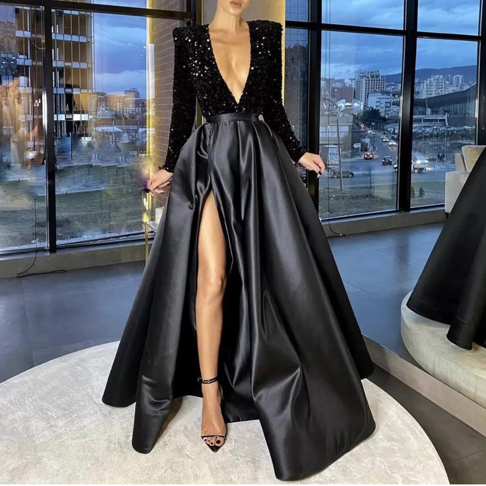 Simple Black Formal One Shoulder Slit Long Prom Dress – misshow.com